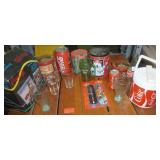 13 Coke glasses, tins, cooler, puzzle, Insulated bag cooler with radio