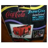 13 Coke glasses, tins, cooler, puzzle, Insulated bag cooler with radio