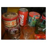 13 Coke glasses, tins, cooler, puzzle, Insulated bag cooler with radio