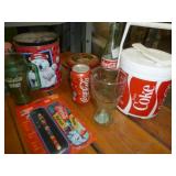 13 Coke glasses, tins, cooler, puzzle, Insulated bag cooler with radio