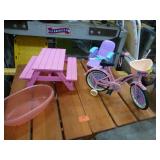 American Girl picnic table, lounger, bath tub and bicycle