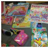 Girls hair accessories, sketch book, activity books, sun glasses