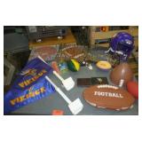 Football lot - Vikings car flags, Vikings billfolds, footballs, book on NFL, wall hangings, talking ball