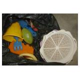 Lot of balls, frisbees, squirt guns, sand box tools