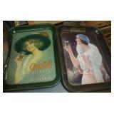 Group of metal Coke signs/trays one old and thermometer