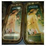 Group of metal Coke signs/trays one old and thermometer