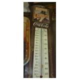 Group of metal Coke signs/trays one old and thermometer