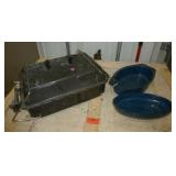 Camping propane grill and a small enamel roaster