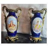 Sevres Type 19th Century Cobalt-blue gilded antique porcelain vases w/ Ormolu mounts