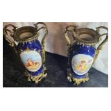 Sevres Type 19th Century Cobalt-blue gilded antique porcelain vases w/ Ormolu mounts
