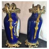 Sevres Type 19th Century Cobalt-blue gilded antique porcelain vases w/ Ormolu mounts