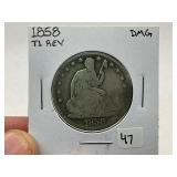 1858 T1 Rev Seated Silver Half Dollar