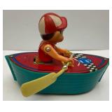 Vintage Tin Litho Wind Up Boy In Boat (WORKS) 5 1/2"