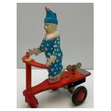 Vintage Tin Litho Wind-Up Clown On Scooter (Works) 4 1/2"