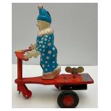 Vintage Tin Litho Wind-Up Clown On Scooter (Works) 4 1/2"
