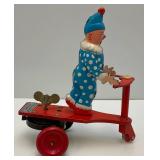 Vintage Tin Litho Wind-Up Clown On Scooter (Works) 4 1/2"