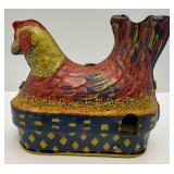 Vintage Tin Litho Nesting Egg laying Hen/Chicken Wind Up (Works) By Baldwin MFG. 5 1/2" (Makes Chicken Niose When Handle Is Cranked)