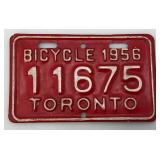 Vintage 1956 Bicycle License Plate (TORONTO) 3 1/4" x 5 1/2"
