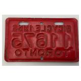 Vintage 1956 Bicycle License Plate (TORONTO) 3 1/4" x 5 1/2"
