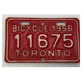 Vintage 1956 Bicycle License Plate (TORONTO) 3 1/4" x 5 1/2"