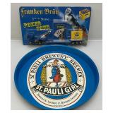 Vintage St. Pauli Bremen "St. Pauli Girl" Metal Beer Tray & Franen Brau Miniature Poker Tour Semi (NIP)