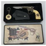 Vintage JAMES BUTLER HICKOK Collectors Gun Shaped Knife and More in Original Tin (NIB)
