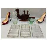 Misc. Vintage Glassware Including Uranium Vase (Crack In Bottom) High heel Shoe Wine Bottle Holders & More