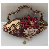 Vintage Mary Frances Plum Silk And Floral Beaded Art Deco Style Evening Bag