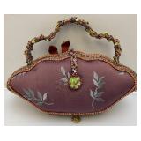 Vintage Mary Frances Plum Silk And Floral Beaded Art Deco Style Evening Bag
