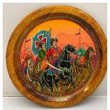Vintage Russian Lacquer Hand Painted Wooden Plate With Battle Theme 11 1/2"