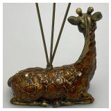 Vintage Heavy Metal Cloisonne Giraffe Letter Holder With Crystals 2 1/2" W x 2 3/4" H
