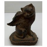 RARE Miniature Heavy Cast Iron Antique Cat With Wings Cat Grave marker 3 1/2" Tall