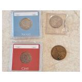 Lot of (4) Coins - 1936 Indian Head / Buffalo Nickel, 2005P Jefferson w/ Americn Bison Obverse, 1900 Indian Head Penny, 1798 Draped Bust Large Cent