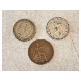 Lot of (3) Coins - 1913 British Penny, 1942 British Half Crown, 1921 British George V, (1) Florin Coin