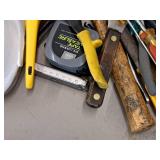 Assorted Hand Tools - Hammers, Screwdrivers, Hex Wrenches, Tape Measure, Putty Knife, Pliers, Ear Protection, Face Mask