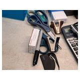 Lot of (1 Tote) Assorted Office Supplies - Staplers, Calculators, Tape Dispensers, Scissors