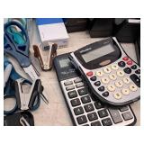 Lot of (1 Tote) Assorted Office Supplies - Staplers, Calculators, Tape Dispensers, Scissors
