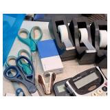 Lot of (1 Tote) Assorted Office Supplies - Staplers, Calculators, Tape Dispensers, Scissors