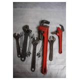 Set of 9 Mixed Adjustable Wrenches and Pipe Wrenches