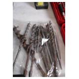 Collection of Assorted Drill Bits, Levels, and Hand Tools