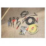 Automotive Accessory Lot with Recovery Strap, Jumper Cables, and Heat Shield