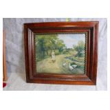 Vintage Framed Pastoral Painting with Wooden Frame