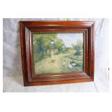 Vintage Framed Pastoral Painting with Wooden Frame