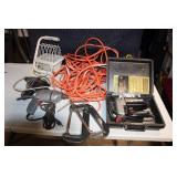 Assortment of Power Tools and Accessories Including Drill, Jigsaw, Light, and C-Clamps