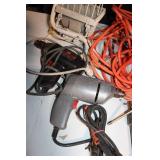 Assortment of Power Tools and Accessories Including Drill, Jigsaw, Light, and C-Clamps