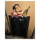 Vintage Chalkboard with Chef Figurine Holding Wine and Grapes