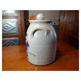 Salmon Falls Stoneware 1998 crock with lid, Blueberry Basket design 8 ½” T