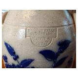 Salmon Falls Stoneware 1998 crock with lid, Blueberry Basket design 8 ½” T
