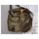 2 Vintage Finnish military gas masks, Suod 61T KRH ASC 12x30, with green canvas carrying bag.