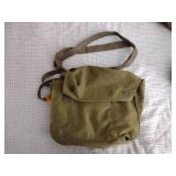 2 Vintage Finnish military gas masks, Suod 61T KRH ASC 12x30, with green canvas carrying bag.